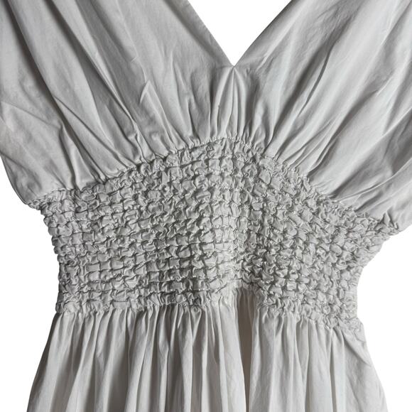 Staud Jackson White Smocked V-Neck Short Sleeve A-Line Midi Dress Size Large - Picture 9 of 16